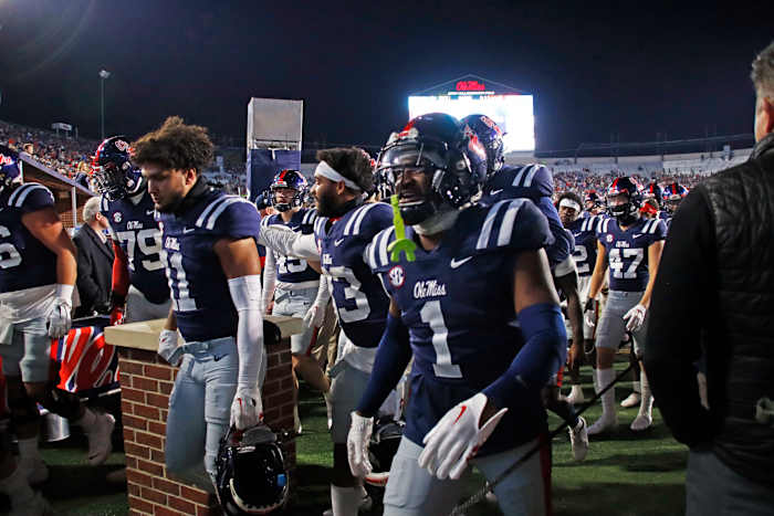 Ole Miss safety Isheem Young walks off the field following a win at Vaught-Hemingway Stadium in Oxford, Miss.